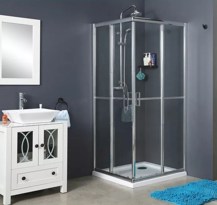 Engsel Sudut Klasik Sliding Shower Enclosure Jelas Tetap Dua Pintu Kaca 6mm